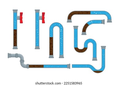 Ilustración vectorial con tubería obstruida y basura dentro aislada en un fondo blanco. La tubería seccional está bloqueada, fango de agua. Ilustración de existencias fijas como concepto de problemas de fontanería 