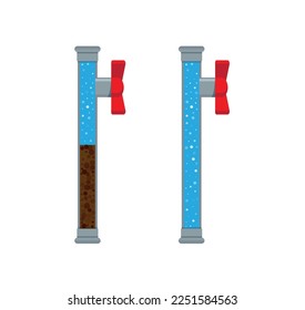 A vector stock illustration with clogged pipe and trash inside isolated on a white background. The sectional pipe is blocked, water sludge. A flat stock illustration as a concept of plumbing problems 