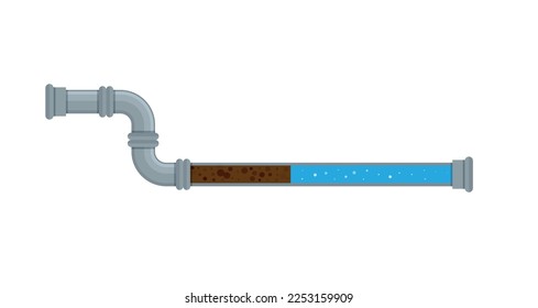 A vector stock illustration with clogged pipe and trash inside isolated on a white background. The sectional pipe is blocked, water sludge. A flat stock illustration as a concept of plumbing problems 