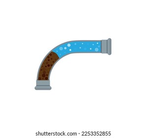 Eine Vektorgrafik mit verstopfter Pfeife und Müll im Inneren einzeln auf weißem Hintergrund. Die Sektionspfeife ist verstopft, Wasserschlamm. Eine flache Stockillustration als Konzept von Klempnerproblemen 