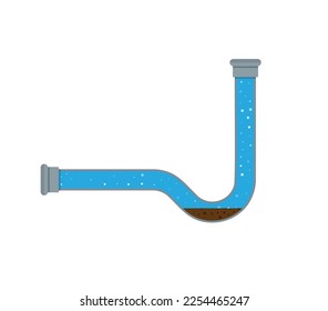 Eine Vektorgrafik mit verstopfter Pfeife und Müll im Inneren einzeln auf weißem Hintergrund. Die Sektionspfeife ist verstopft, Wasserschlamm. Eine flache Stockillustration als Konzept von Klempnerproblemen 