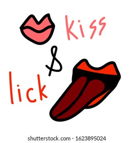 Vector stock illustration of clothed and open womans mouth. Lettering kiss and lick. Cartoon doodle style, pink, red and black colors.