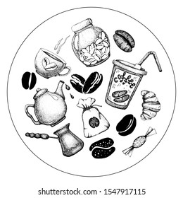 Vector stock illustration with coffee attributes - grain, jar, glass, croissant, turk, cup, packaging. Hand drawn outline. Collection for design menu, cafe, restaurant, blackboard, advertisement.