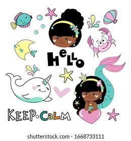 Vector stock illustration collection with a little girl afro american mermaid and fish on a white background. Greeting card for girls. Marine inhabitants for Birthday