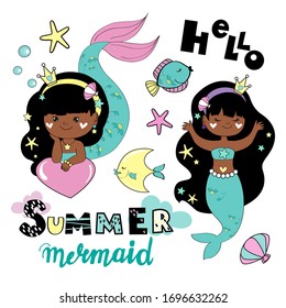 Vector stock illustration collection with a little girl afro american mermaid on a white background. Greeting card for girls. Summer concept. Marine inhabitants for Birthday