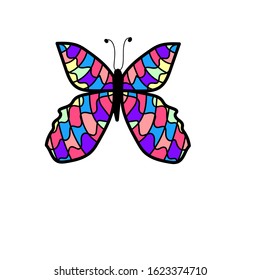 Vector stock illustration of colorful cartoon butterfly. Bright fragments with black outline.