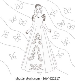 Vector stock illustration coloring book of a fairy Princess in a meadow among butterflies. Children's educational game on the coloring page . The bride is monochrome. Butterflies. Isolated on a white 