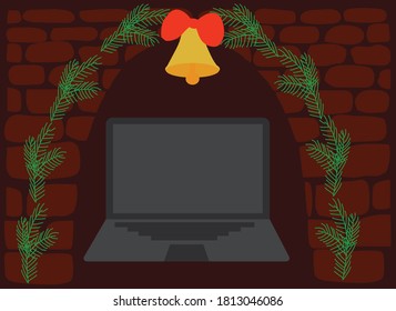 Vector stock illustration of the concept of a modern fireplace with a laptop instead of a fireplace. Designed for advertising an online store.