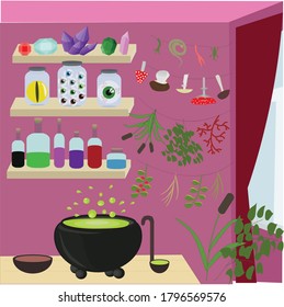 Vector stock illustration. The concept of the witch's room. On the table is a witch's pot of potion . On the shelves are crystals, jars with eyes, bottles. Hung herbs, mushrooms and dry animals.