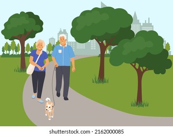 Vector stock illustration with couple walking their pet in park.