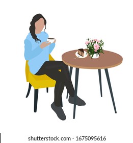 Vector stock illustration of a cozy coffee shop. A girl with a mug of fragrant latte coffee is sitting at a table in a restaurant. There is a cake on the table and spring carnation flowers in a vase. 