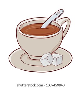 Vector stock illustration of a cup of tea with spoon and two sugars on a saucer