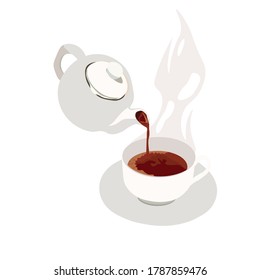 Vector stock illustration of a Cup with a teapot. Pour hot black tea into a Cup and saucer. English tea party. Porcelain service in vintage style. Isolated on a white background.