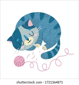 Vector stock illustration with cute cat, hand drawn style. Cozy mood, hygge concept. Sample element for greeting card, posters, social media posts and scrapbooks.