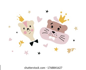 Vector, stock illustration of cute and funny animals - gopher and hamster, a cheerful couple creates a cute, joyful mood. The image for printing on bags, clothes, supplies, fabric, paper.