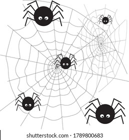 Vector stock illustration. Cute funny spiders on cobwebs. With a white backing.
