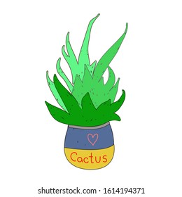 Vector stock illustration of cute little cactus and lettering with heart. Valentine's Day postcard in flat cartoon style.