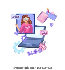 Vector stock illustration of a cute smiling female blogger with laptop, teacup, notes and pencil. Illustration with a girl and her creative freelance working place. Flat cartoon home office concept.