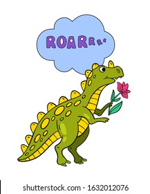 Vector stock illustration with cute t-rex isolated on white. Baby dino holding a flower in cartoon style for nursery posters, prints, cards,t-shirts, kid’s textile. Speech bubble with the word “roar” 