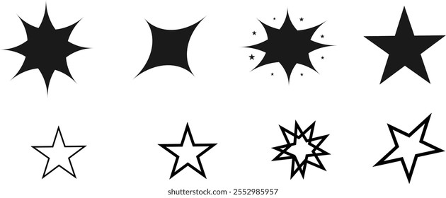 Vector Stock Illustration, Different star shapes. Black stars icon set. Set of blinking stars with sparks, Star icon collection, firework, twinkle, glow

