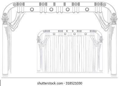 Vector stock illustration. Drawing by hand. Open and closed the curtain theater stage.