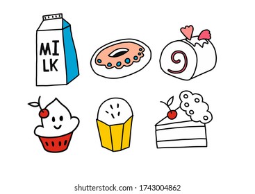 Vector stock illustration drawn by hand-drawn marker in doodle style set of food for a sweet breakfast (desserts, milk, donut, cherry cupcake, roll, cake)
