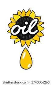Ilustración del material vectorial dibujada a mano por un marcador en el logo estilo doodle de un aceite de girasol con una flor de gota amarillo-naranja.
