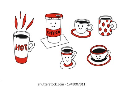 Ilustración del material vectorial dibujada a mano en un conjunto de tazas de café rojo-blanco-negro estilo doodle con sonrisas.

