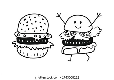 Vector stock illustration drawn by hand-drawn marker in doodle style monochrome black and white set of the sounds of cheerful smiling burgers with face, legs and hands.
