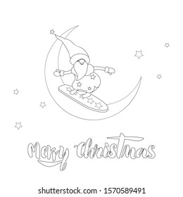 Vector stock illustration of a dwarf, Santa Claus, who is riding a snowboard to congratulate people on a holiday. Can be used as a coloring, card, as a symbol of the holiday.