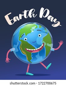 Vector stock illustration. Earth Day. Globe with eyes handles paces fun. Congratulation, postcard, social web banner.
