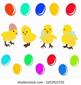 Vector stock illustration of Easter Chicks, yellow cute Chicks, traditional boiled eggs. Invitation card for children's party banner for sale, card for Easter.Baby birds isolated on a white background