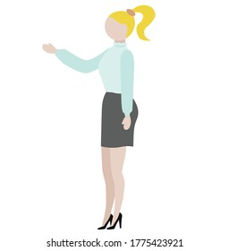 Vector stock illustration. Education, school, teacher. A woman with blond hair pulled back in a ponytail, wearing a white blouse, gray skirt and black heels, stands in a half-turn with her hand raised