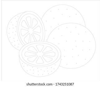 Vector stock illustration; educational, developmental children's game coloring with the image of two whole oranges and one cut; with a white background.