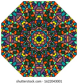 Vector stock illustration of eight-pointed abstract ornament. Stained glass window with colorful fragments.