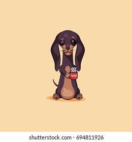 Vector stock illustration emoji of cartoon character dog talisman, phylactery hound, mascot pooch, bowwow dachshund sticker emoticon German badger-dog woke up with cup of coffee emotion design element
