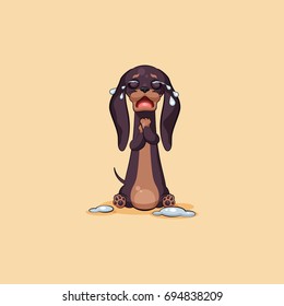 Vector stock illustration emoji of cartoon character dog talisman, phylactery hound, mascot pooch, bowwow dachshund sticker emoticon German badger-dog crying, lot of tears emotion design element