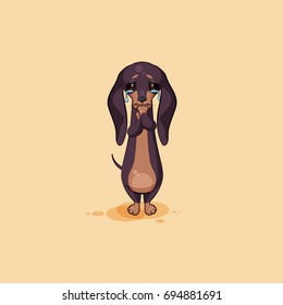 Vector stock illustration emoji of cartoon character dog talisman, phylactery hound, mascot pooch, bowwow dachshund sticker emoticon German badger-dog sad with tears in his eyes emotion design element