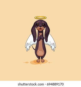 Vector stock illustration emoji of cartoon character dog talisman, phylactery hound, mascot pooch, bowwow dachshund sticker emoticon German badger-dog angel, wings halo, praying emotion design element