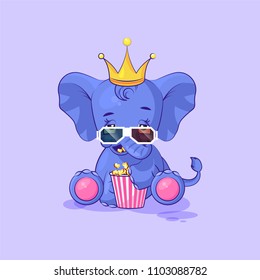 Vector Stock Illustration Emoji character cartoon elephant calf chewing popcorn, watching movie 3D glasses sticker emoticon for site, infographic, video, animation, website, mail, newsletter, report