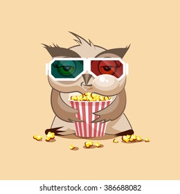 Vector Stock Illustration Emoji character cartoon owl chewing popcorn, watching movie in 3D glasses sticker emoticon for site, infographic, video, animation, website, e-mail, newsletter, report, comic