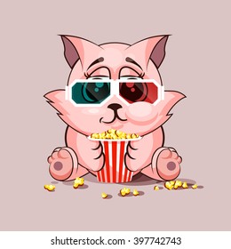 Vector Stock Illustration Emoji character cartoon cat chewing popcorn, watching movie in 3D glasses sticker emoticon for site, infographic, video, animation, website, e-mail, newsletter, report, comic