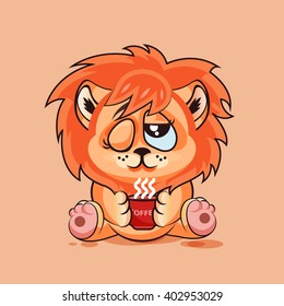 Vector Stock Illustration Emoji character cartoon Lion cub just woke up with cup of coffee sticker emoticon for site, infographic, video, animation, website, e-mail, newsletter, report, comic
