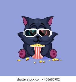 Vector Stock Illustration Emoji character cartoon black cat chewing popcorn, watching movie in 3D glasses sticker emoticon for site, info graphic, video, animation, website, newsletter, report, comic