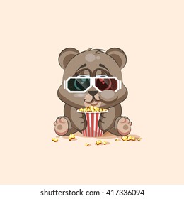 Vector Stock Illustration Emoji character cartoon Bear chewing popcorn, watching movie in 3D glasses sticker emoticon for site, infographic, video, animation, website, mail, newsletter, report, comic