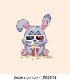 Vector Stock Illustration Emoji character cartoon Gray leveret chewing popcorn, watching movie, 3D glasses sticker emoticon for site, info graphic, video, animation, website, newsletter, report, comic