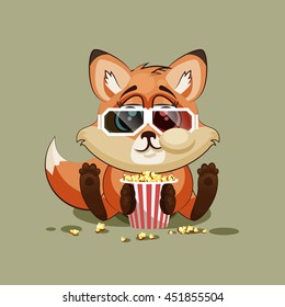 Vector Stock Illustration Emoji character cartoon Fox chewing popcorn, watching movie in 3D glasses sticker emoticon for site, infographic, video, animation, website, e-mail, newsletter, report, comic