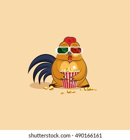 Vector Stock Illustration Emoji character cartoon Cock chewing popcorn, watching movie in 3D glasses sticker emoticon for site, infographic, video, animation, website, mail, newsletter, report, comic