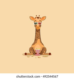 Vector Stock Illustration Emoji character cartoon Giraffe chewing popcorn, watching movie 3D glasses sticker emoticon for site, info graphic, video, animation, website, mail, newsletter, report, comic