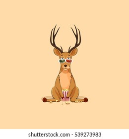 Vector Stock Illustration emoji character cartoon deer chewing popcorn, watching movie 3D glasses sticker emoticon for site, info graphic, video, animation, website, mail, newsletter, report